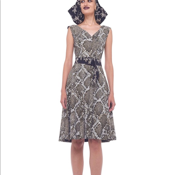 Norma Kamali reversible flared Grace knee length dress python print/flowers XS - Picture 8 of 12